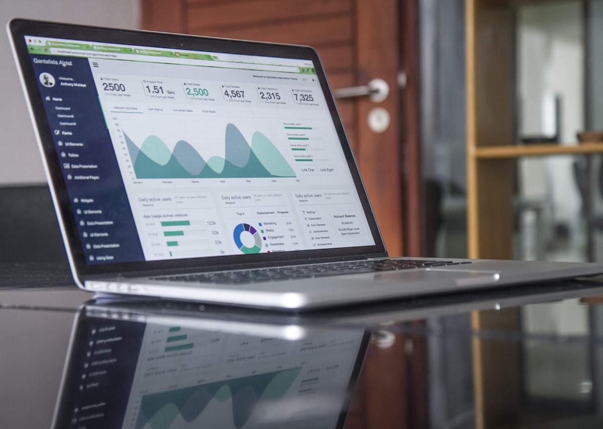 Modern tech workspace with an abstract dashboard interface